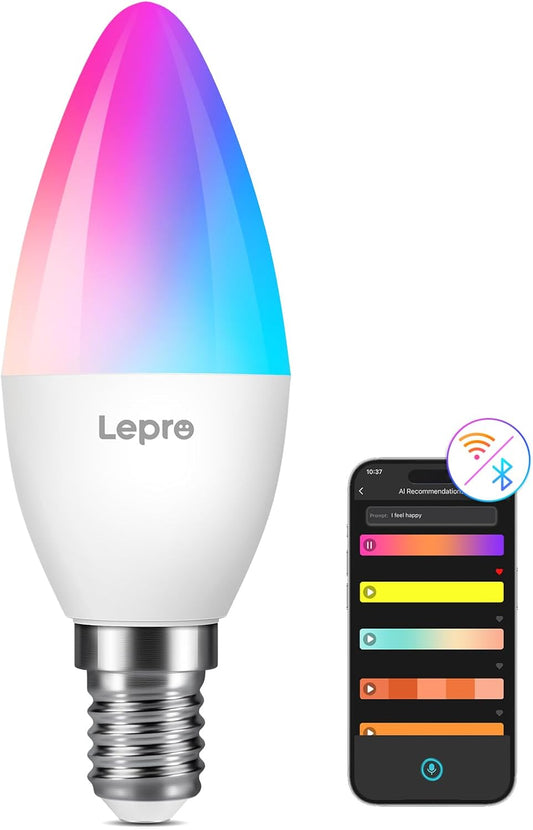 Lepro AI Smart Bulb E14, Music Sync Bluetooth & WiFi Bulb, Voice Control Screw Bulb, Personalized AI Lighting Designer, Color Changing Candle Bulb, Work with Alexa & Google Assistant