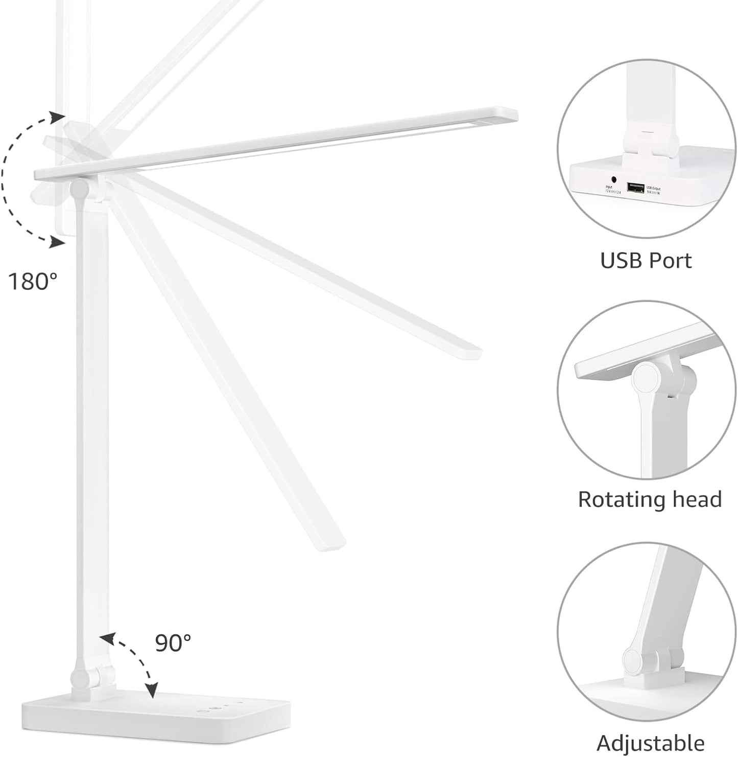 Lepro LED Desk Lamp, Desk Lamp with Power Adapter, 655lm, Desk Lamps Office with USB Charging Port, 5 Brightness Levels x 3 Colour Mode, Touch Control Daylight Lamp for Office, Nails, Study, Bedroom