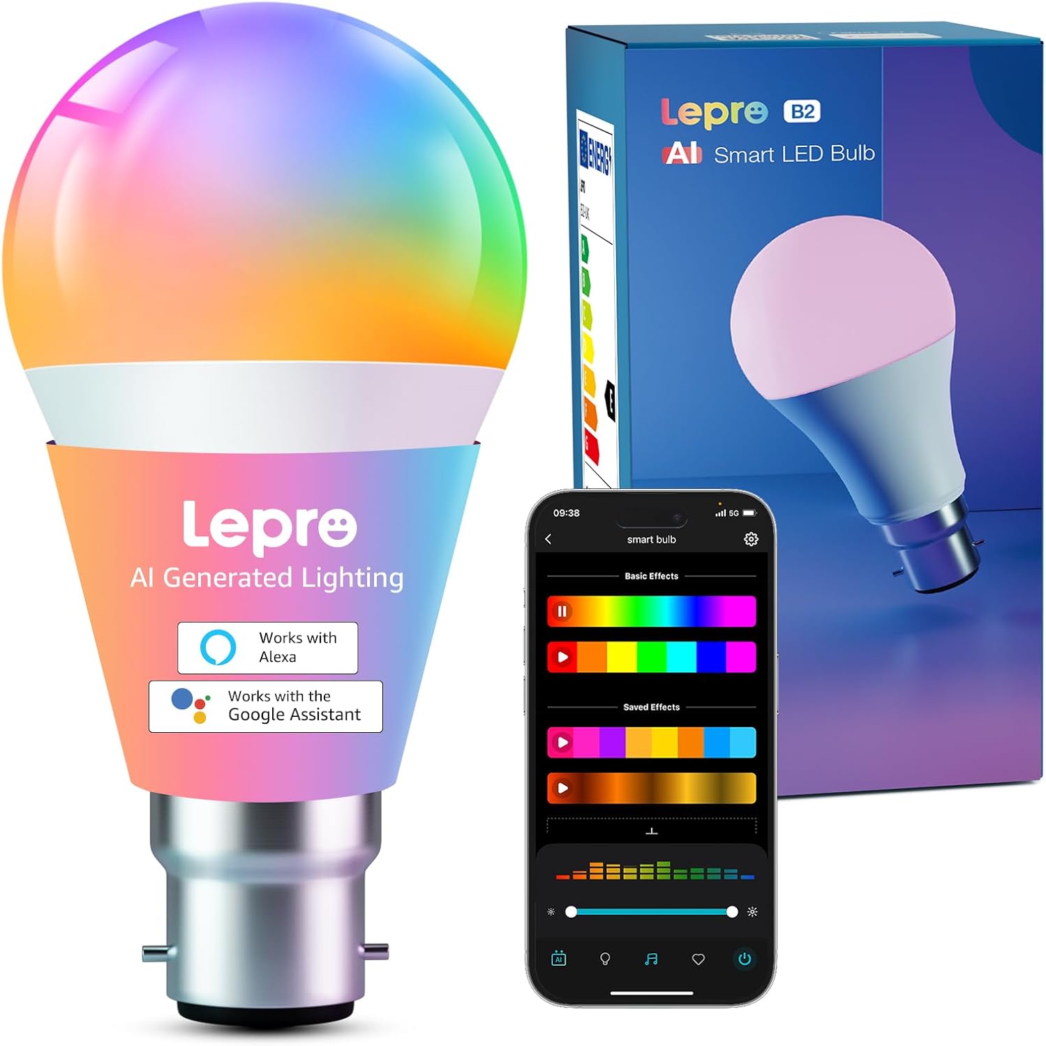 Lepro B2 AI Smart Bulb Bayonet, 1100lm WiFi Bulb B22, Music Sync Colour Changing Light Bulbs, AI Lighting Design Assistant, Voice Control, Works with Alexa & Google Assistant, RGBCCT Dimmable LED Bulb