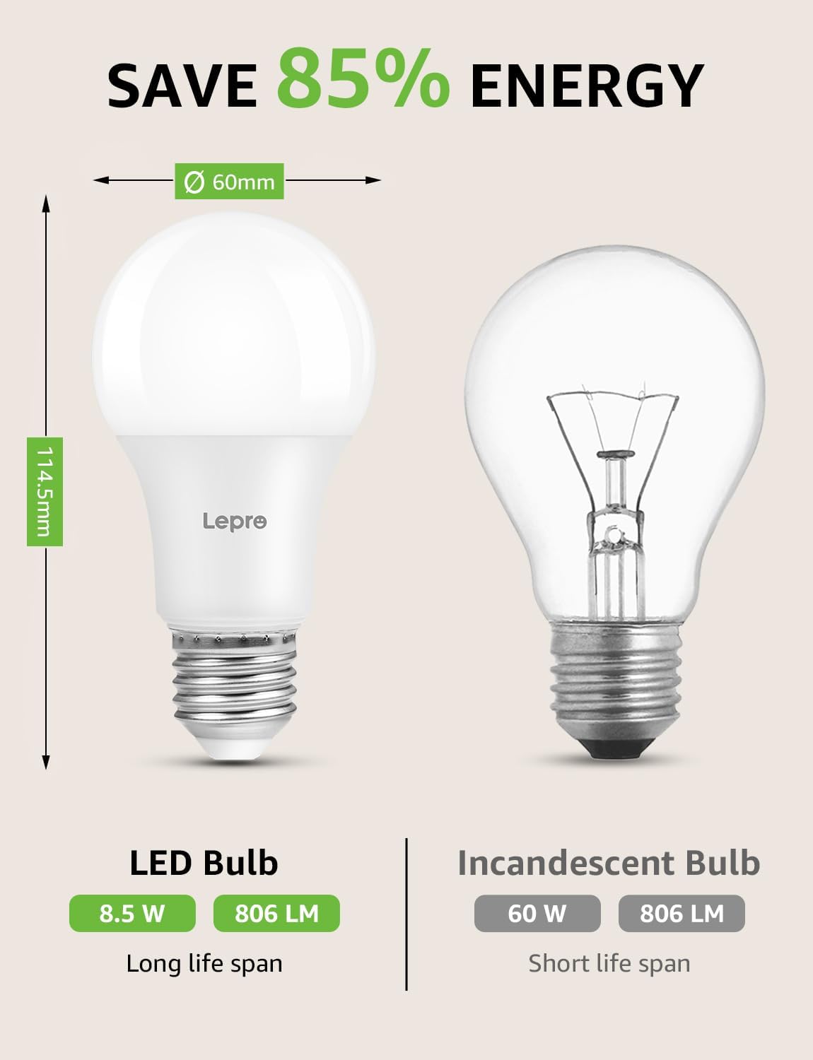 Lepro E27 Screw Bulb Dimmable, 8.5W Equivalent to 60W, Warm White 2700K E27 LED Bulbs, 806 Lumen Edison LED Light Bulb, Energy Saving E27 Bulbs for Lamp, Pack of 6