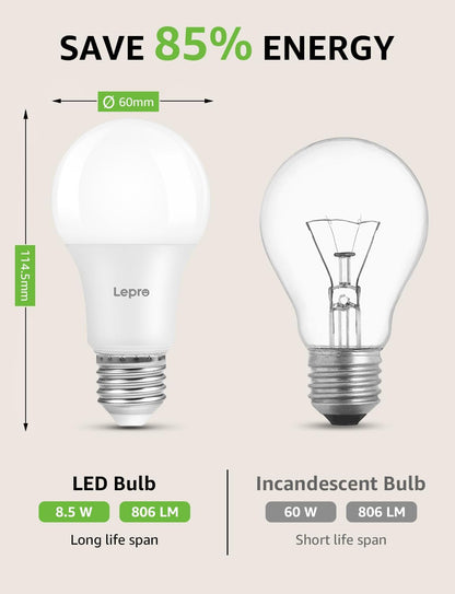 Lepro E27 Screw Bulb Dimmable, 8.5W Equivalent to 60W, Warm White 2700K E27 LED Bulbs, 806 Lumen Edison LED Light Bulb, Energy Saving E27 Bulbs for Lamp, Pack of 6