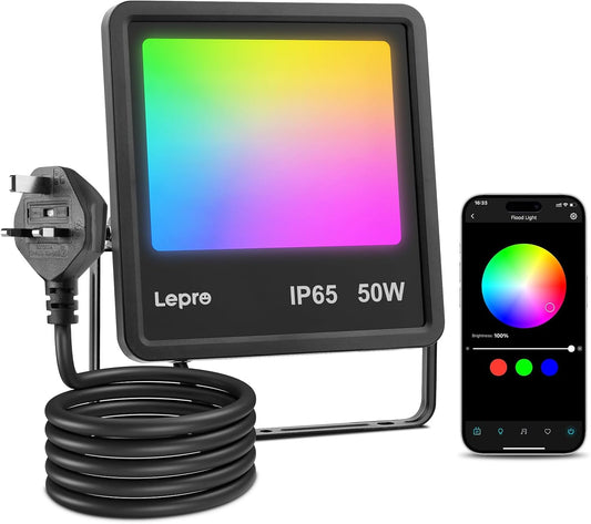 Lepro Led Flood Light Outdoor 50w, Colour Changing Floodlight App Control, 16M Colors DIY, LightGPM AI Mode, Music Sync, Voice Control with Alexa&Google, Timer, IP65 Waterproof for Outdoor Decoration