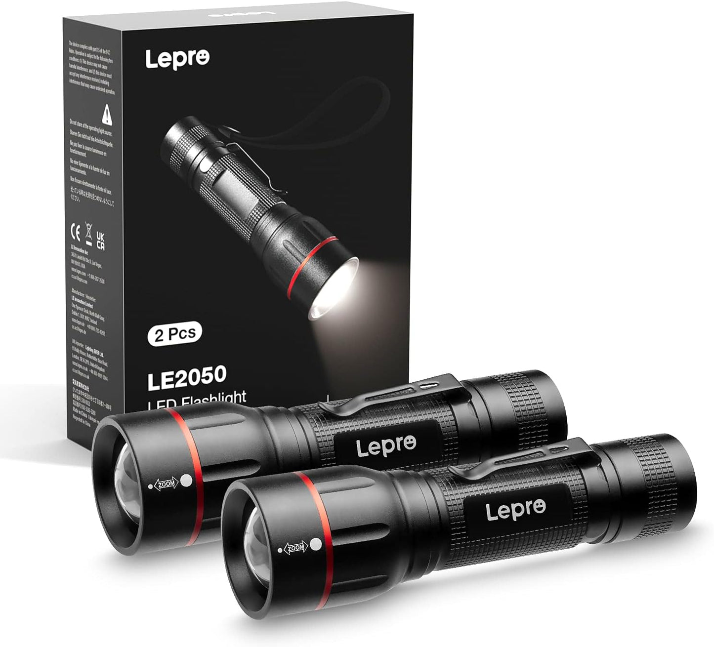 Lepro LED Torch with Clip, LE2050 Super Bright Flashlight, 5 Modes, Zoomable, Waterproof, Handheld, Lightweight, Powered AAA Battery, for Camping, Outdoor Indoor Emergency Use, Dog Walking, 2 Pack