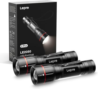 Lepro LED Torch with Clip, LE2050 Super Bright Flashlight, 5 Modes, Zoomable, Waterproof, Handheld, Lightweight, Powered AAA Battery, for Camping, Outdoor Indoor Emergency Use, Dog Walking, 2 Pack