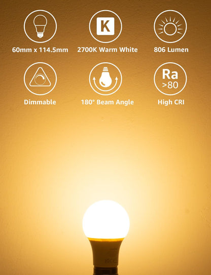 Lepro E27 Screw Bulb Dimmable, 8.5W Equivalent to 60W, Warm White 2700K E27 LED Bulbs, 806 Lumen Edison LED Light Bulb, Energy Saving E27 Bulbs for Lamp, Pack of 6