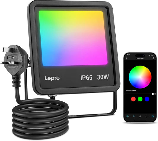 Lepro Led Flood Light Outdoor 30w, Colour Changing Floodlight App Control, 16M Colors DIY, LightGPM AI Mode, Music Sync, Voice Control with Alexa&Google, Timer, IP65 Waterproof for Outdoor Decoration