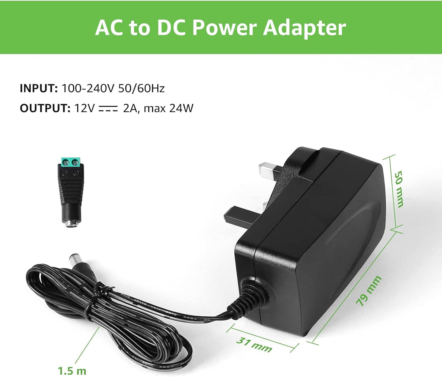 LE 12V 2A Power Supply for LED Strip Lights, AC 100-240V Mains to DC 12V Converter Adapter Driver Transformer, 24W UK Plug with 1.5M Cable, 5.5mm x 2.1mm Jack, GS TUV Approved