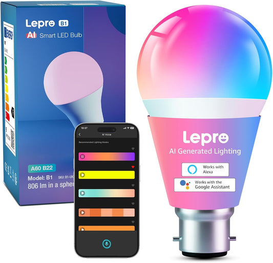 Lepro B1 AI Smart Bulb B22, Music Sync, Bayonet WiFi Bulb That Works with Alexa & Google Home, AI Lighting Design Assistant, APP & Voice Control, 806lm, Dimmable, Bluetooth Color Changing Light Bulb