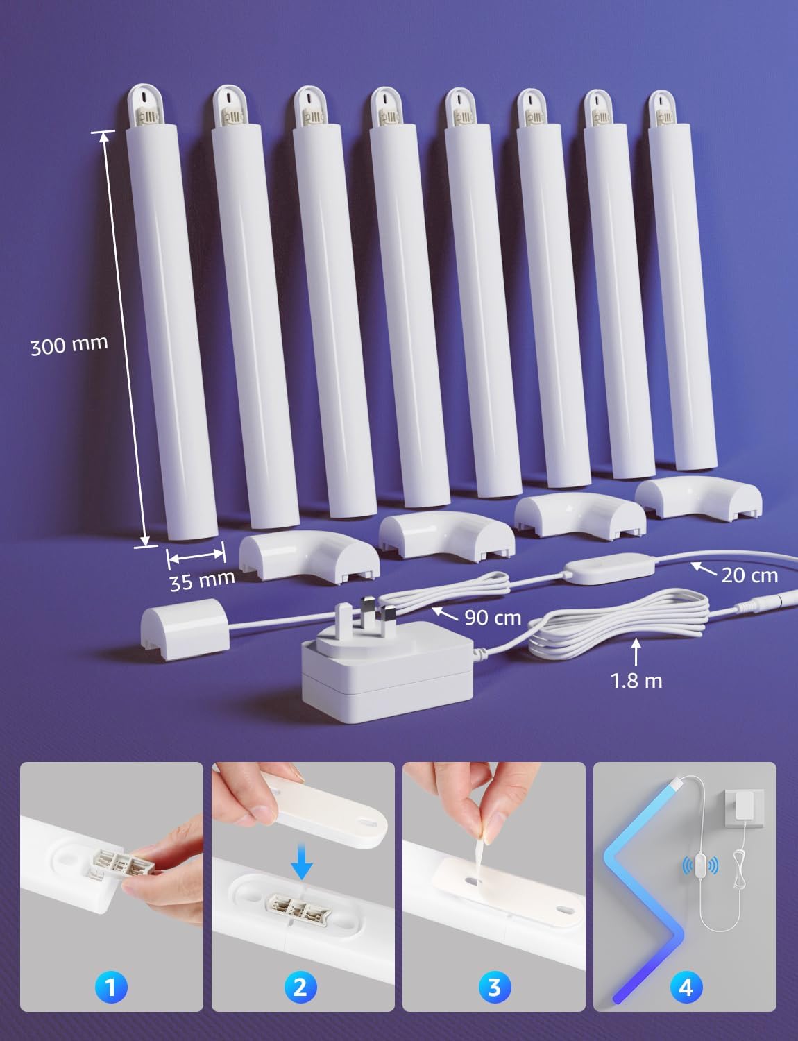 Lepro WL1 AI Smart Wall Light, Music Sync LED Light Bar, Voice Control, Segmented DIY, AI Lighting Design Assistant, for Home Decor, Gaming Setup, Work with Alexa,Google Assistant,8 Pcs with 4 Corners