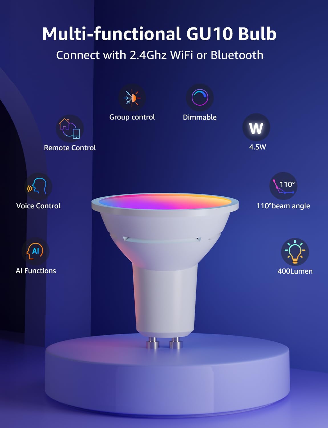Lepro BG1 AI Smart Bulb GU10, Music Sync, Voice Control WiFi Bulbs, 400LM RGBCCT Dimmable Colour Changing LED Bulbs, Works with Alexa & Google Assistant, AI Lighting Design Assistant, 2 Packs