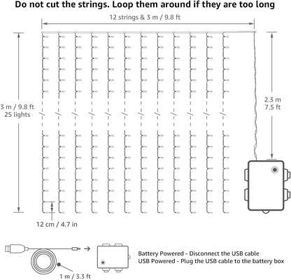 LE Curtain Lights Battery Powered, 3m x 3m 300 LED Warm White Fairy Curtain Lights, USB Powered 8 Modes Curtain Fairy Lights for Birthday Decorations, Wedding, Party, Garden, Bedroom, Remote Control