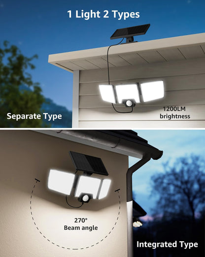 Lepro Solar Security Lights Outdoor Motion Sensor, 2 in 1 Separated and Integrated Remote Control IP65 Waterproof Solar Lights with 2 Light Modes, 3 Heads Solar Floodlight for Garden Yard