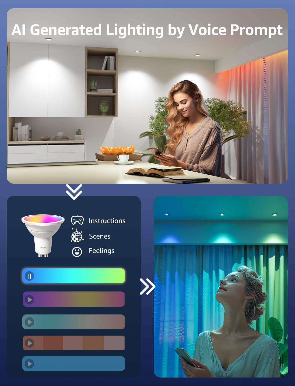 Lepro BG1 AI Smart Bulb GU10, Music Sync, Voice Control WiFi Bulbs, 400LM RGBCCT Dimmable Colour Changing LED Bulbs, Works with Alexa & Google Assistant, AI Lighting Design Assistant, 4 Packs