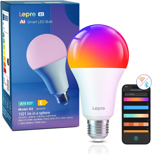 Lepro AI Smart Bulb E27, 1520LM Colour Changing Light Bulb, 12W(100W) WiFi Bulbs, Voice Control, Schedule & Timer, Work with Alexa & Google Assistant, Personalized AI Lighting Designer