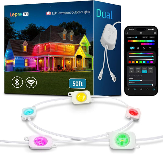 Lepro EE1 AI Permanent Outdoor Lights 15m, Smart Outdoor Christmas Lights Waterproof, Colour Changing Eaves Lighting 50ft, Personalized AI Lighting Designer, Works with Alexa, 2.4GHz WiFi, No Remote