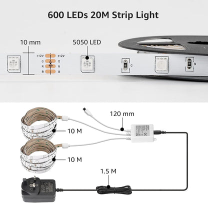 Lepro 20M LED Strip Lights with Remote, Dimmable, RGB Colour Changing, Stick-on Long LED Lights for Bedroom, Kitchen, Room Decoration (2 x 10M, Plug and Play, Bright 5050 LEDs)