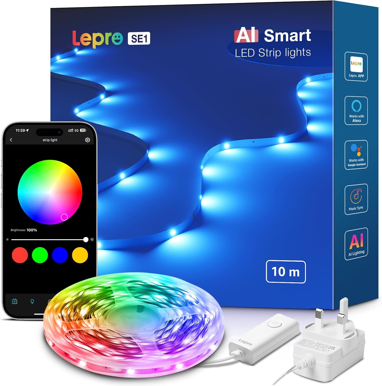 Lepro SE1 AI Smart RGB LED Strip Lights 10M, Voice & App Control, Works with Alexa & Google Home, Music Sync, AI Lighting Design Assistant, Colour Changing LED Light for Bedroom, 2.4G WiFi, No Remote