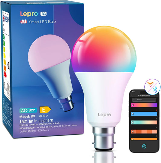 Lepro B22 AI Smart Bulb, 1521LM Smart Light Bulb, 12W(100W), Schedule & Timer, Energy Saving, 16 Million Colors, Work with Alexa & Google Assistant, Personalized AI Lighting Designer
