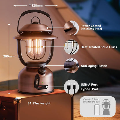 Lepro Retro Camping Lantern, Rechargeable Camping Light with 15000mAh Power Bank, Dimmable 1000 Lumen, Long Battery Life, Rechargeable Lantern for Camping Tent, Power Cuts, Storm, Type C Cable