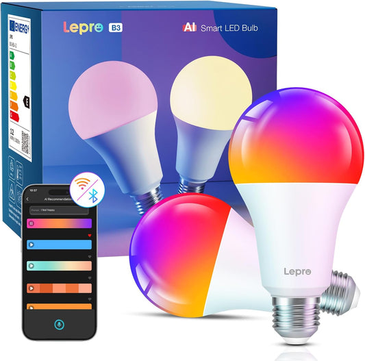 Lepro AI Smart Bulb E27, 2 Packs 1520LM Colour Changing Light Bulb, 12W(100W) WiFi Bulbs, Schedule & Timer, Work with Alexa & Google Assistant, Personalized AI Lighting Designer