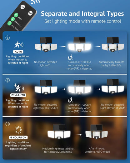Lepro Solar Security Lights Outdoor Motion Sensor, 2 in 1 Separated and Integrated Remote Control IP65 Waterproof Solar Lights with 2 Light Modes, 3 Heads Solar Floodlight for Garden Yard
