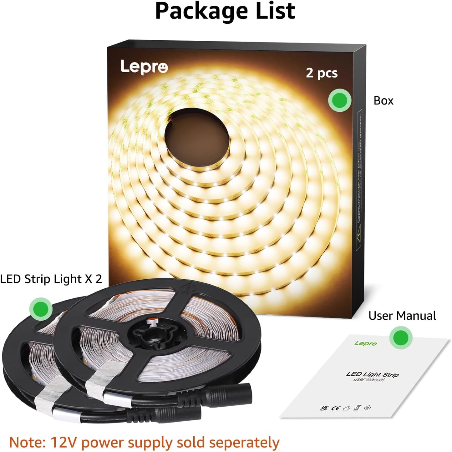 Lepro Warm White LED Strip Lights 10M (2x5M), 2x2300lm, 3000K Flexible Lightstrip for Kitchen, Cabinet, Mirror, Door and More (12V Power Supply Required)