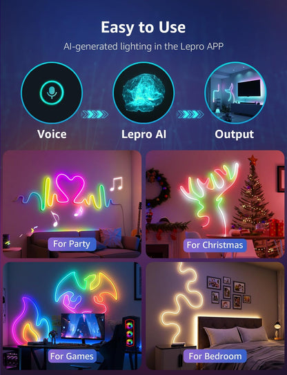 Lepro N1 AI Smart Rainbow Neon Light Strip 3M, 96 LEDs/M, Work with Alexa, Google Home, Music Sync, AI Lighting Design Assistant, IP65 Rope Light, MagicColor LED Light, App & Voice Control, No Remote