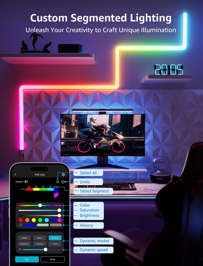 Lepro WL1 AI Smart Wall Light, Music Sync LED Light Bar, Voice Control, Segmented DIY, AI Lighting Design Assistant, for Home Decor, Gaming Setup, Work with Alexa,Google Assistant,8 Pcs with 4 Corners