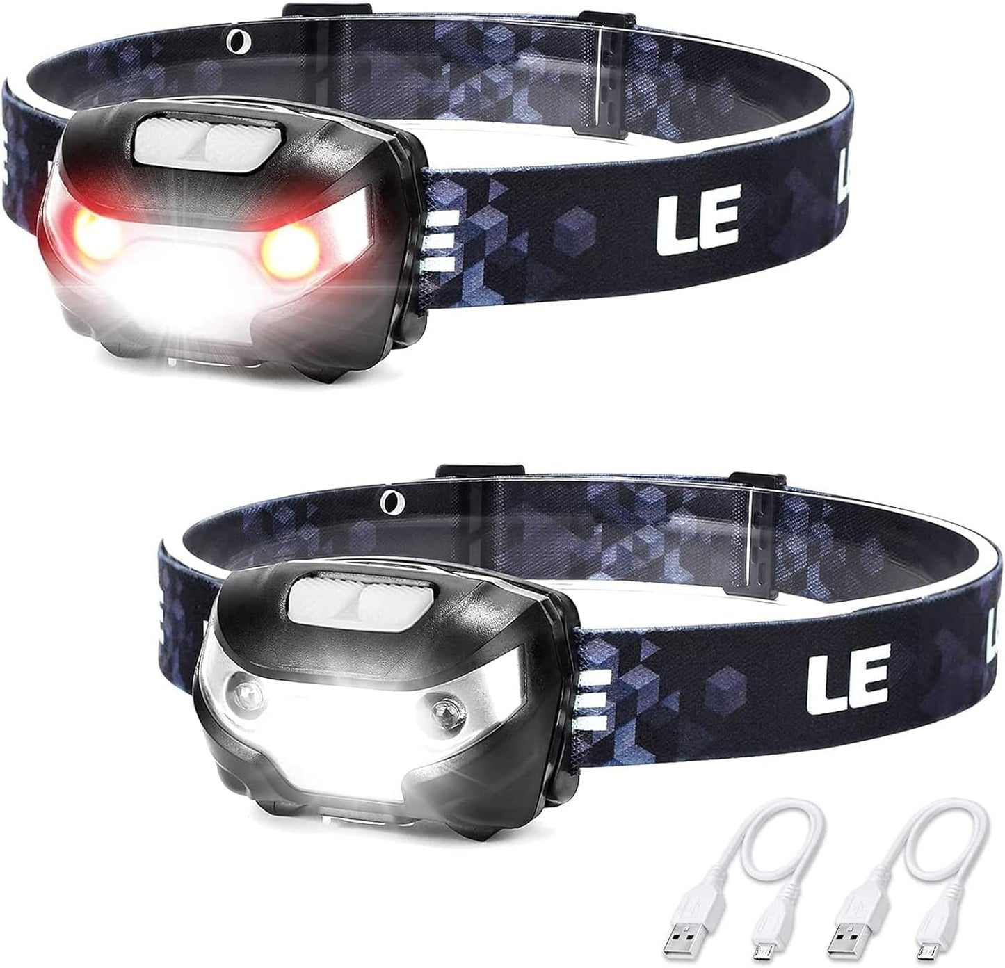 LE Head Torch Rechargeable, [2 Pack] Super Bright LED Headlamp Waterproof with 5 Lighting Modes, 30 Hours Runtime, Red Warning Lights, Lightweight Headlight for Running