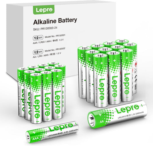 Lepro AA & AAA Batteries 24 Pack, 1.5 Volt Alkaline Batteries with High Capacity, Anti-Leakage, Long Lasting Power, LR03 LR06 MN2400 MN1500 Batteries Pack for Clocks Remotes Mouse Torch