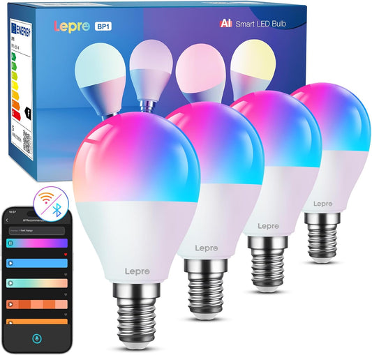 Lepro BP1 AI Smart Bulb E14, Voice Control Bluetooth & WiFi Bulb, Music Sync Small Screw Bulb, Colour Changing Light Bulb, LLM AI Lighting Design Assistant, Work with Alexa & Google Assistant, 4 Packs