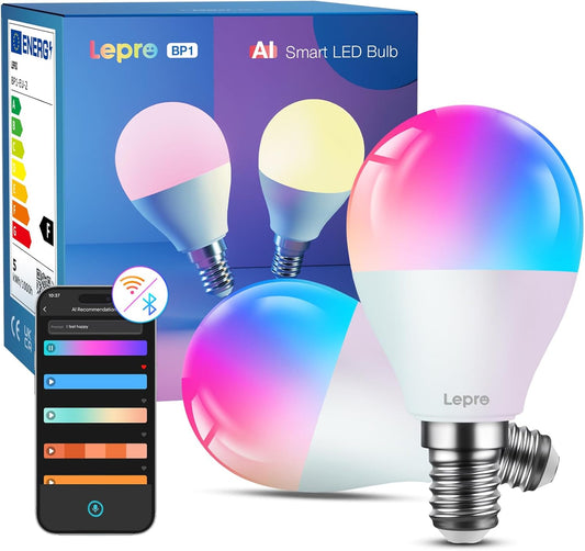 Lepro BP1 AI Smart Bulb E14, Music Sync WiFi Bulb, Voice Control, Bluetooth Colour Changing Bulb, LLM AI Lighting Design Assistant, Dimmable Golf Ball Bulb, Work with Alexa & Google Assistant, 2 Packs