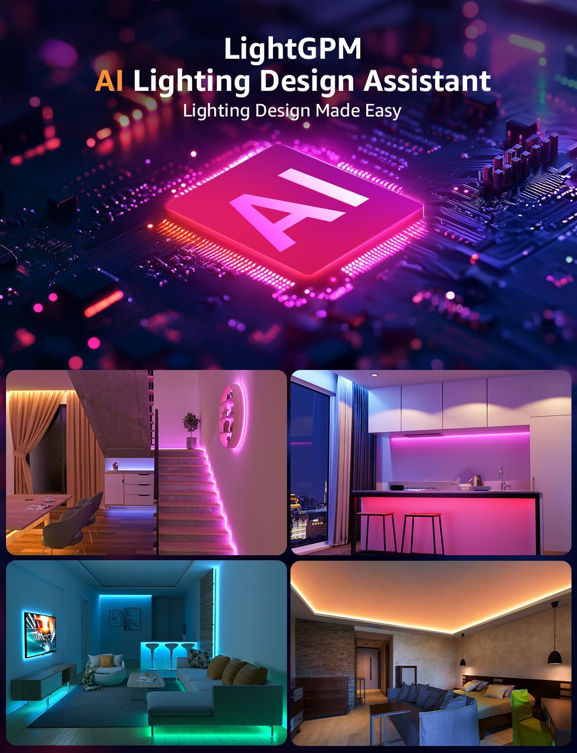 Lepro SE1 AI Smart RGB LED Strip Light 15M Roll, WiFi App Voice Control, Works with Alexa & Google Home, Music Sync, AI Lighting Design Assistant, Colour Changing LED Lights for Bedroom, No Remote