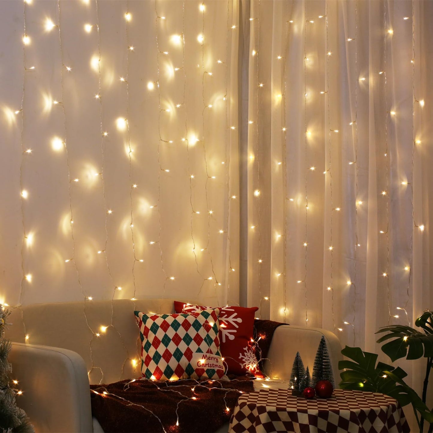 LE Curtain Lights Battery Powered, 3m x 3m 300 LED Warm White Fairy Curtain Lights, USB Powered 8 Modes Curtain Fairy Lights for Birthday Decorations, Wedding, Party, Garden, Bedroom, Remote Control