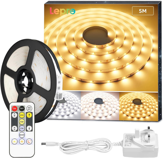 Lepro 5M LED Strip Lights, Warm White to Cool Daylight, Dimmable and Tunable with Remote, Stick-on LED Light for Bedroom, Desk, Mirror, Wall, Ceiling and More