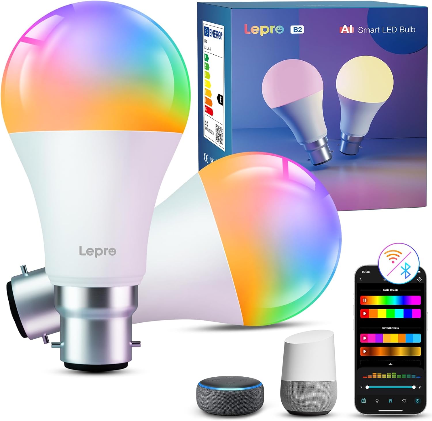 Lepro B2 AI Smart Bulb Bayonet, 10w 1100lm WiFi Bulb B22, Music Sync Colour Changing Light Bulbs, Voice Control, AI Lighting Design Assistant, Works with Alexa & Google Assistant, RGB Dimmable,2 Packs