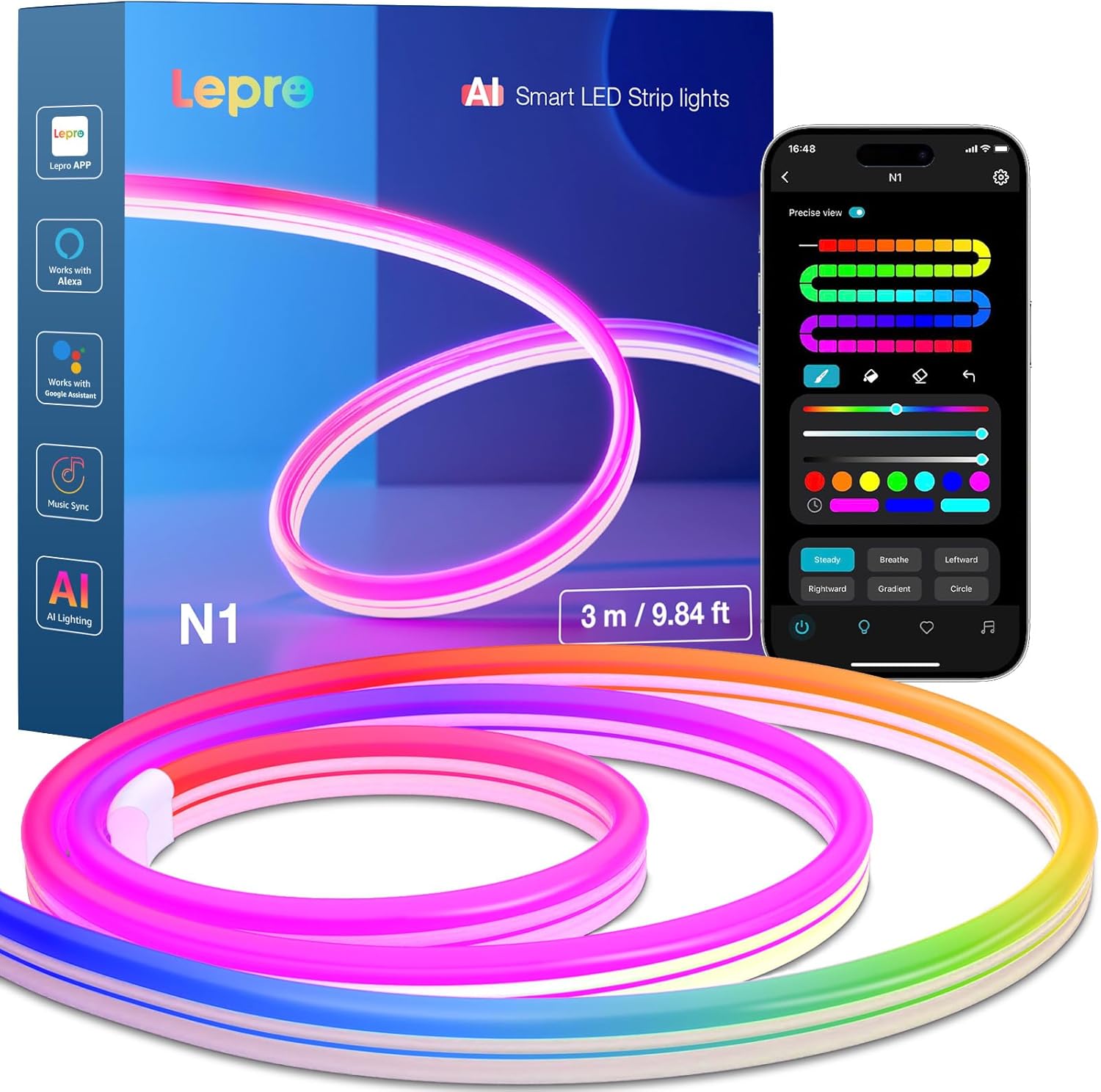 Lepro N1 AI Smart Rainbow Neon Light Strip 3M, 96 LEDs/M, Work with Alexa, Google Home, Music Sync, AI Lighting Design Assistant, IP65 Rope Light, MagicColor LED Light, App & Voice Control, No Remote