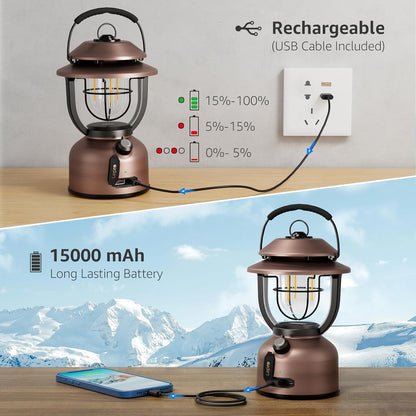 Lepro Retro Camping Lantern, Rechargeable Camping Light with 15000mAh Power Bank, Dimmable 1000 Lumen, Long Battery Life, Rechargeable Lantern for Camping Tent, Power Cuts, Storm, Type C Cable