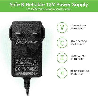 LE 12V 2A Power Supply for LED Strip Lights, AC 100-240V Mains to DC 12V Converter Adapter Driver Transformer, 24W UK Plug with 1.5M Cable, 5.5mm x 2.1mm Jack, GS TUV Approved