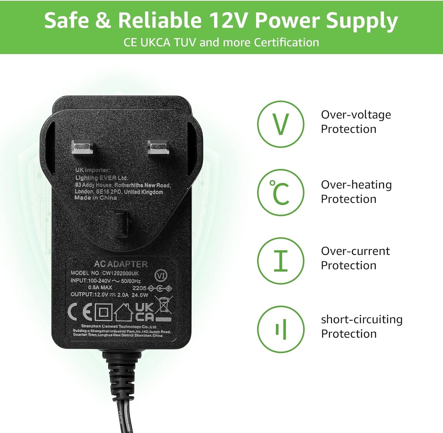 LE 12V 2A Power Supply for LED Strip Lights, AC 100-240V Mains to DC 12V Converter Adapter Driver Transformer, 24W UK Plug with 1.5M Cable, 5.5mm x 2.1mm Jack, GS TUV Approved