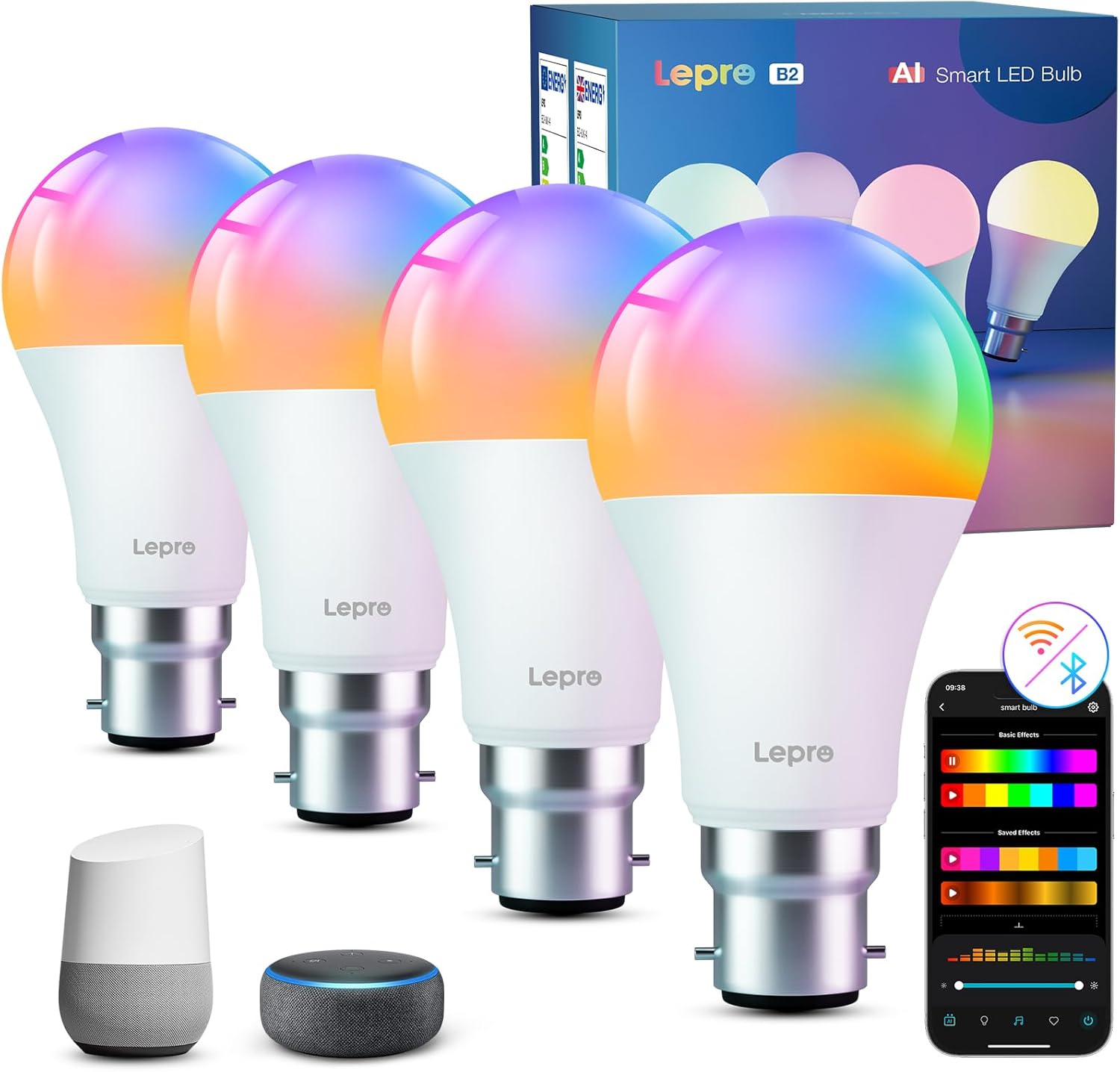 Lepro B2 AI Smart Bulb Bayonet, 1100LM Music Sync B22 WiFI Bulbs, Voice Control, AI Lighting Design Assistant, RGBCCT, Bluetooth Colour Changing Light Bulb, Work with Alexa & Google Assistant, 4 Packs