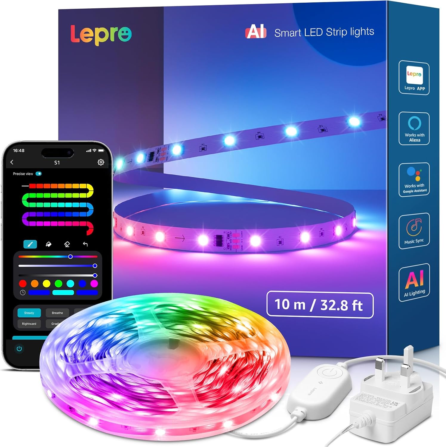 Lepro S1 AI Smart Rainbow LED Strip Light 10M, 30 LEDs/M, Music Sync, Works with Alexa & Google Home, WiFi Bluetooth App Voice Control, AI Lighting Design Assistant, MagicColor LED Lights for Bedroom