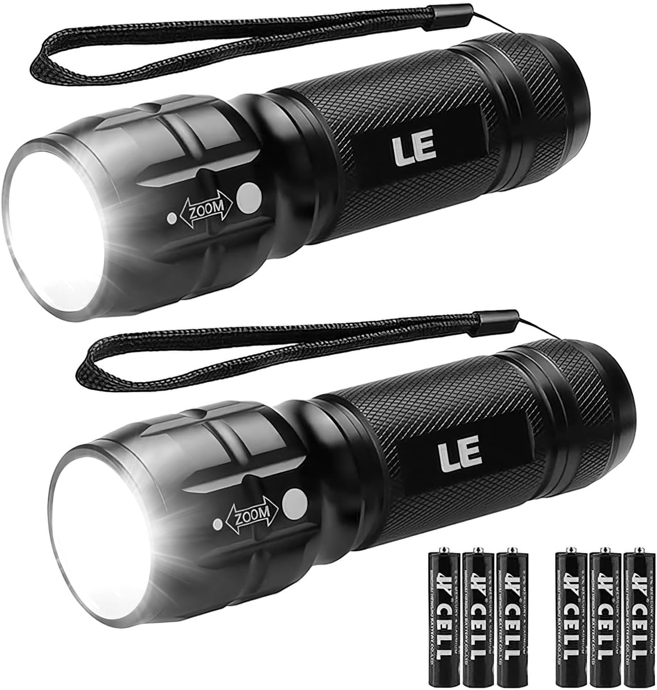LE LED Torch, LE1000 Powerful Handheld Flashlight, Super Bright, Pocket Size, Lightweight, Suit for Camping, Cycling, Running, Dog Walking and More Outdoor Use, 6 AAA Batteries Included, Pack of 2