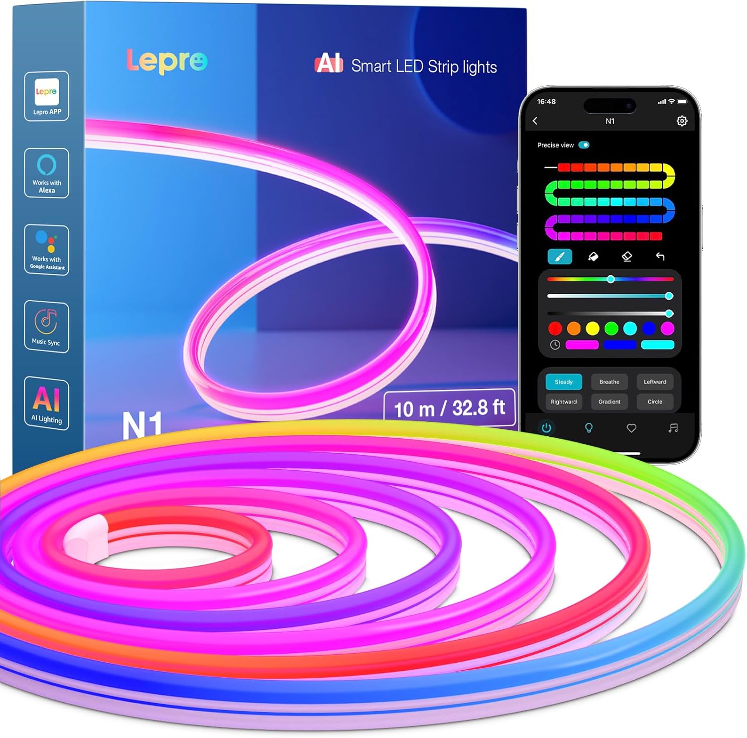 Lepro N1 AI Smart Rainbow Neon Light Strip 10M, 96 LEDs/M, Works with Alexa and Google Home, Music Sync, AI Lighting Design Assistant, IP65 LED Rope Light, MagicColor LED Lights, App & Voice Control