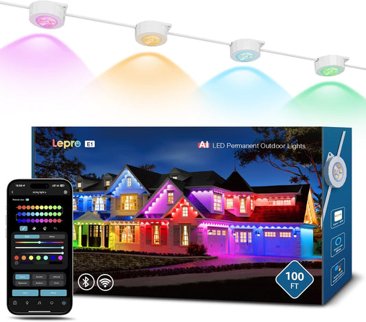 Lepro E1 AI Permanent Outdoor Lights 30m, Smart Outdoor Lights Waterproof, Tunable White, AI Lighting Design Assistant, Colour Changing Eaves Lights, Works with Alexa, 2.4G WiFi & Bluetooth, No Remote