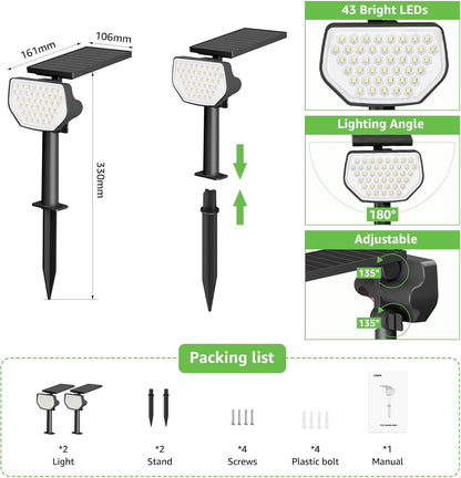 Lepro Solar Spot Lights Outdoor Garden, 43 LED Solar Garden Lights with IP65 Waterproof, 2 Lighting Modes, 135° Adjustable, Dusk-to-Dawn Cool White Solar Spotlights for Lawn Yard [2 Pack]