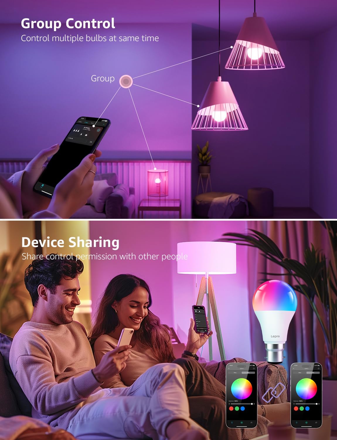 Lepro B2 AI Smart Bulb Bayonet, 1100lm WiFi Bulb B22, Music Sync Colour Changing Light Bulbs, AI Lighting Design Assistant, Voice Control, Works with Alexa & Google Assistant, RGBCCT Dimmable LED Bulb