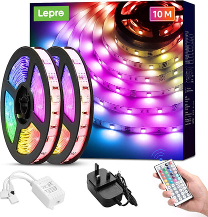 Lepro 10M LED Strip Lights with Remote, Dimmable, RGB Colour Changing, Stick-on LED Lights for Bedroom, Kitchen, Room Decoration (2 x 5M, 300 Bright 5050 LEDs)