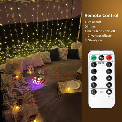 LE Curtain Lights Battery Powered, 3m x 3m 300 LED Warm White Fairy Curtain Lights, USB Powered 8 Modes Curtain Fairy Lights for Birthday Decorations, Wedding, Party, Garden, Bedroom, Remote Control