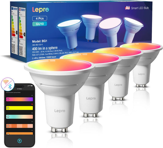 Lepro BG1 AI Smart Bulb GU10, Music Sync, Voice Control WiFi Bulbs, 400LM RGBCCT Dimmable Colour Changing LED Bulbs, Works with Alexa & Google Assistant, AI Lighting Design Assistant, 4 Packs